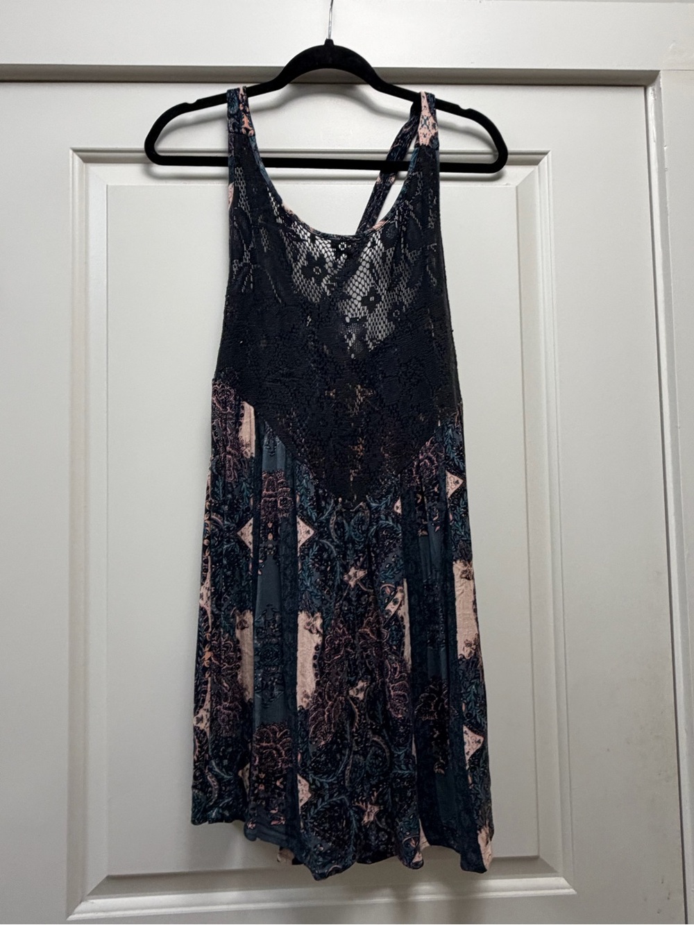 Free People Navy and Blush Lace Yoke Swing Mini Dress